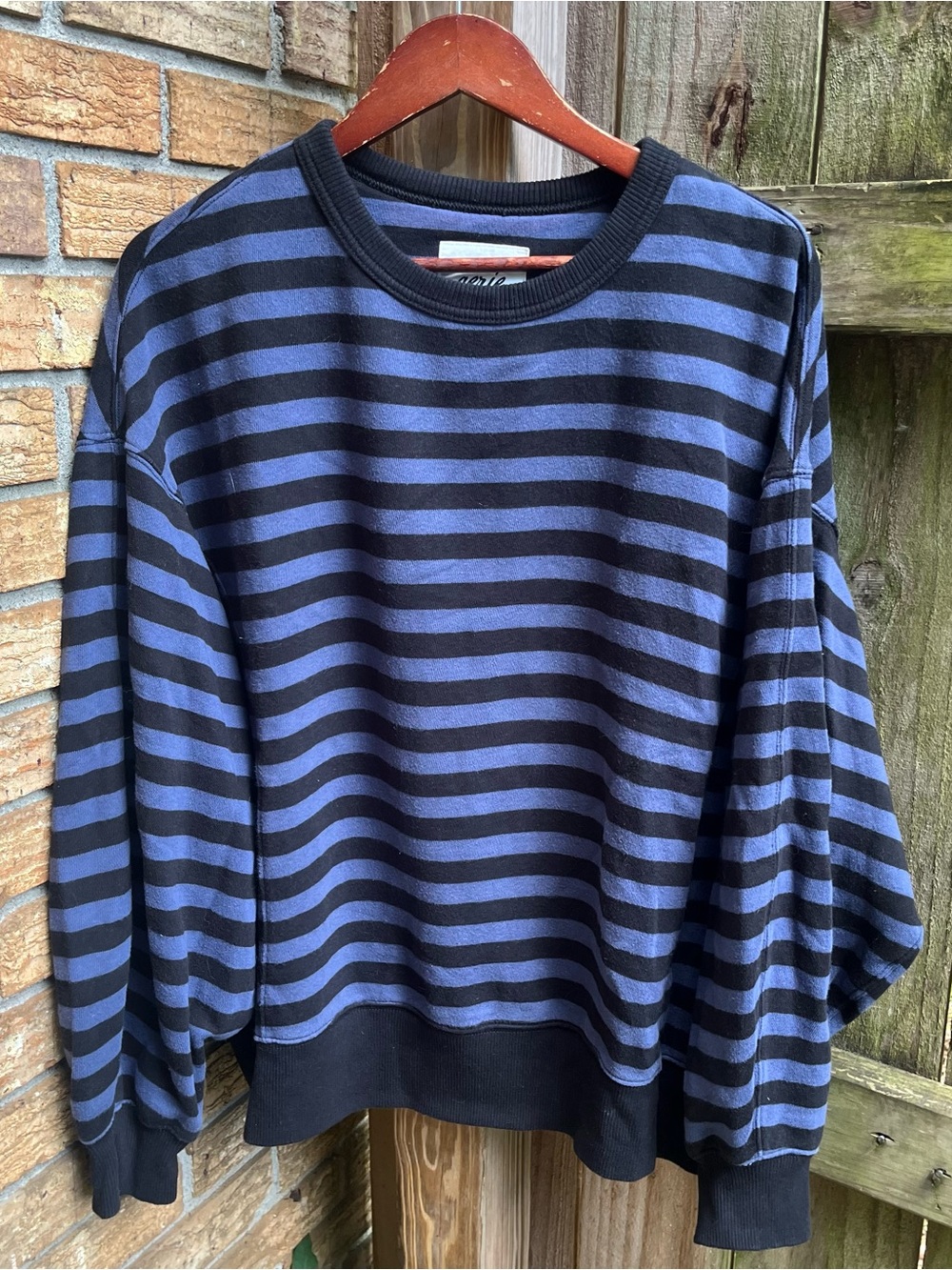 Aerie Oversized Blue & Black Striped Crewneck Sweatshirt